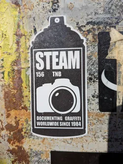 Street sticker The sticker is shaped like a black silhouette of a classic aerosol spray paint can, outlined with a thin white border. The interior of the spray can shape is black with a subtle speckled texture. Centered within this black area, in large, bold white capital letters, is the word 'STEAM'. Below 'STEAM', in smaller white text, are the numbers '156' on the left and the letters 'TNB' on the right. Beneath this, a prominent white silhouette of a camera with a large lens is depicted. At the very bottom, within a white rectangular box, the phrase 'DOCUMENTING GRAFFITI WORLDWIDE SINCE 1984' is written in white capital letters. The overall design is monochromatic, using only black and white.
