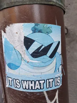 A sticker featuring a cartoon character wearing sunglasses. The character appears to be a stylized turtle or similar creature, light blue in color. The background is light blue with a hint of a landscape or sky. The text at the bottom of the sticker clearly reads "It is what it is."