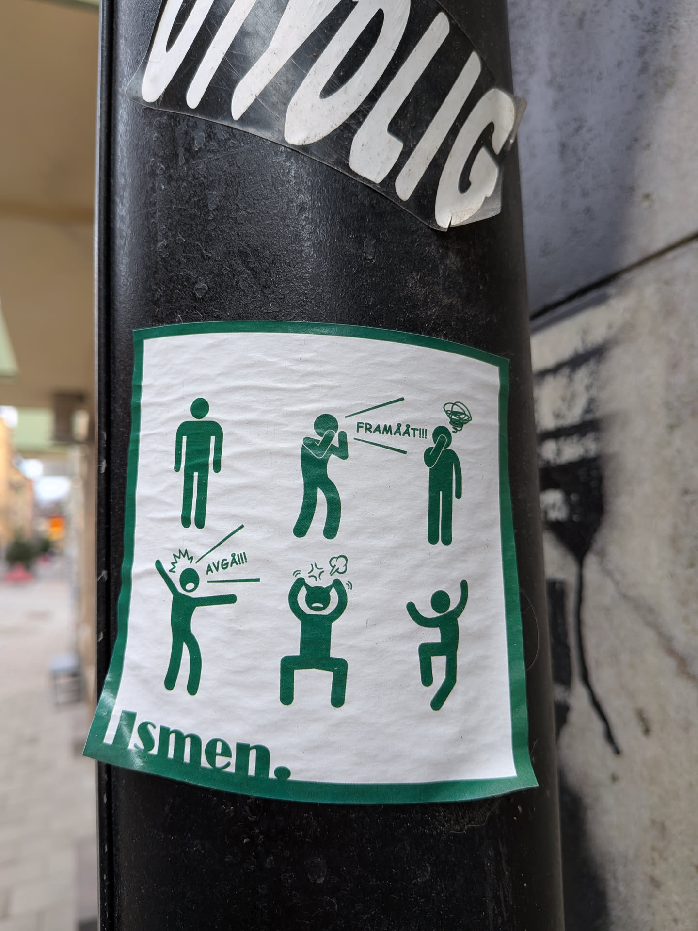 The sticker is a rectangular design with a prominent green border on a white background, adhered to a black pole. It features six minimalist green stick figures arranged in two rows of three, each depicting a different action or emotion. In the top row, from left to right: a neutral standing figure; a figure with hands covering its mouth, lines indicating speech, and the text 'FRAMÅT!!!' (Forward!!!) emanating from it; and a figure with one hand to its head, lines above indicating confusion or distress. In the bottom row, from left to right: a figure with outstretched arms, one pointing, lines indicating shouting or anger, and the text 'AVGÅ!!!' (Resign!!!) emanating from it; a crouching figure with hands to its head, lines above indicating intense anger or frustration; and a figure jumping or dancing with raised arms, appearing joyful or triumphant. Below the main grid, partially visible, is the text 'Usmen.' in green. The sticker itself shows signs of wear, with slight wrinkles and minor peeling at the edges.