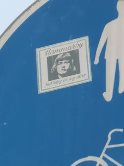 A rectangular sticker featuring a black and white (grayscale) portrait of a person, likely male, with shoulder-length hair and a contemplative expression. The portrait is framed by a light-colored double-line border. Above the portrait, in a decorative cursive font, is the word 'Hammarby'. Below the portrait, in a similar cursive font, is the phrase 'Just idag är jag stark'. The sticker has a slightly worn appearance and is affixed to a blue surface, likely a road sign, which also shows parts of a white pedestrian and bicycle symbol.