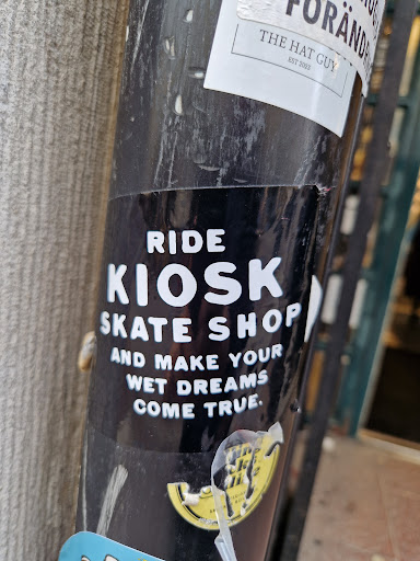 Street sticker ORANDE THE HAT GUY EST 2023 RIDE KIOSK SKATE SHOP AND MAKE YOUR WET DREAMS COME TRUE. VEDISH BOU S