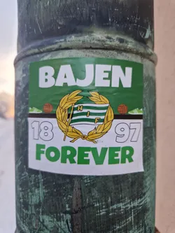 A green and white sticker with the text "BAJEN" at the top, a wreath with a logo in the center, "18" and "97" on either side of the wreath, and "FOREVER" at the bottom. The background of the sticker is green and the text is white.