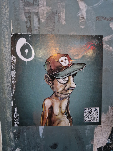 Street sticker Sticker featuring an illustration of a slender humanoid figure wearing a baseball cap adorned with a hockey mask. The art style is reminiscent of graffiti or street art. A QR code is present in the bottom right corner. The background is a muted teal color, and the character has a somewhat unsettling expression.