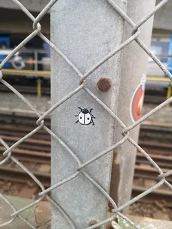 The sticker features a minimalist, stylized depiction of a ladybug. Its body is predominantly white with two prominent black spots on its back. The head is black, and it has two small white eyes. Six thin black legs extend from its sides, and two small antennae protrude from its head. A subtle light blue outline or highlight is visible around the edges of its body, legs, and antennae, giving it a slightly glowing or digital appearance against the dark black outlines.