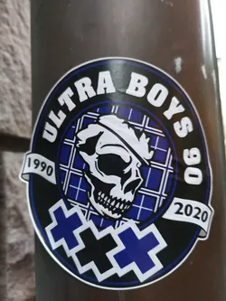 Round sticker featuring a skull graphic, the text 'Ultra Boys 90', and the years 1990 and 2020.  The design incorporates a blue and black color scheme and a grid pattern.  Two large 'X' shapes are below the skull.
