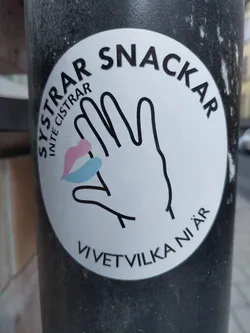 A round sticker with a hand graphic and text in Swedish. The text translates to "Sisters don't talk cis things, we know who you are".  The hand graphic has a pink and blue design on the pinky finger, possibly representing a transgender flag.