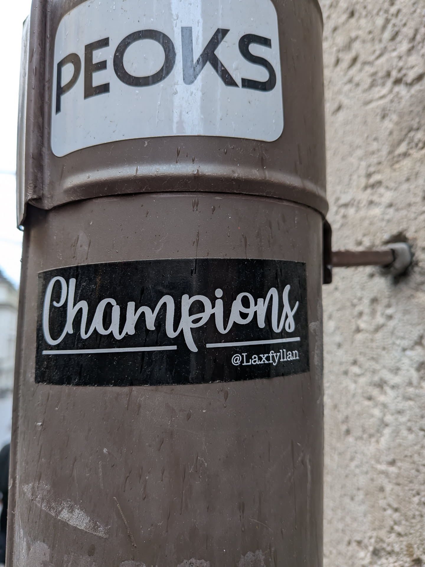 A rectangular sticker with a matte black background, prominently featuring the word 'Champions' in a flowing, elegant white script font. Below the word 'Champions', there is a thin white horizontal line. To the right, beneath this line, the social media handle '@Laxfyllan' is written in a smaller, clean white sans-serif typeface. The sticker appears slightly worn with some water droplets, indicating outdoor placement on a brown, cylindrical surface.