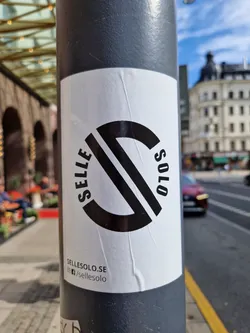 A white sticker with a black logo featuring a stylized "S" and the text "SELLE SOLO" arranged around it.  The website sellesolo.se and Instagram handle @sellesolo are printed at the bottom.