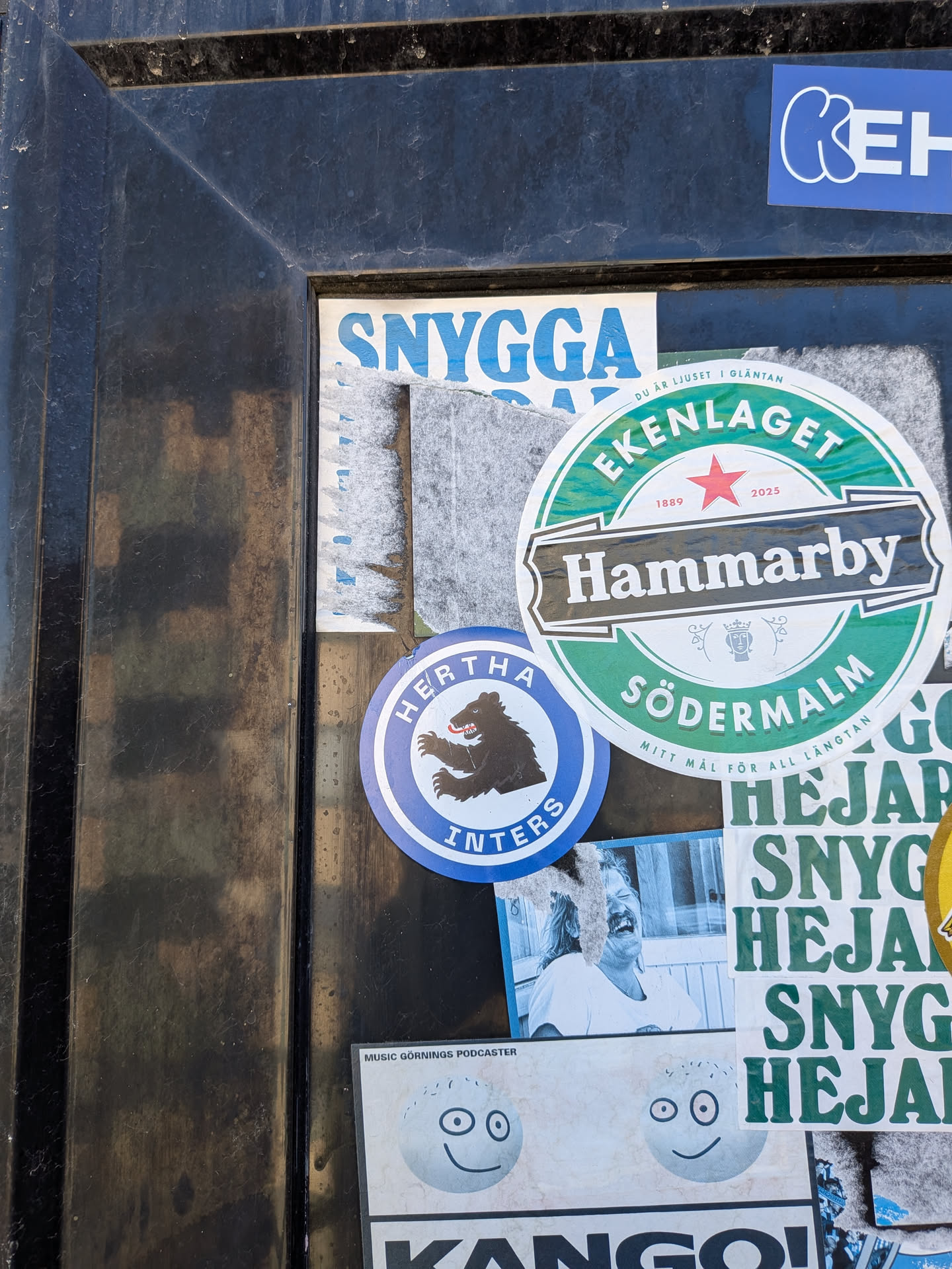 A circular sticker with a prominent stylized brown bear at its center, depicted with its tongue out and sharp claws, giving it an aggressive yet cartoonish appearance. The bear is set against a white background. A thick blue border encircles the design, containing white uppercase text: 'HERTHA' at the top and 'INTERS' at the bottom. The overall design is bold and graphic, typical of sports club or fan group merchandise.