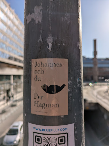 A sticker on a gray pole. The sticker is beige and features the text "Johannes och du" and below that, an illustration of a black bird. Under the bird, the text "Per Hagman" is written. Below that, the text "ALBERT BONNIERS FORLAG" is written. Another sticker exists below this one. It features a QR code and the text "www.bluepillz.com".