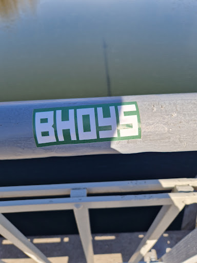 Street sticker A green and white sticker with the word BHOYS in a stylized font is affixed to a metal railing near a body of water. The sticker appears to be part of a larger design or brand. 