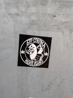 Street sticker The sticker is square with a black background, featuring a prominent white circular emblem in its center. Inside the circle, a stylized design depicts the profile of a face wearing a balaclava or mask on the left, with visible eyes, juxtaposed with a spray paint can on the right. Above this central imagery, within the circle, is Cyrillic text that reads 'БТР СТРЕЛКА'. Below the central design, also within the circle, is the English word 'HOOLIGANS'. Two small asterisk-like symbols flank the central design on either side. The overall aesthetic is stark, high-contrast black and white, giving it a strong, graphic, and somewhat defiant appearance. The sticker is applied to a light grey, textured surface.