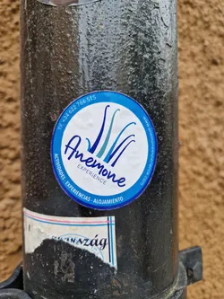 Street sticker A round blue sticker with the text "Anemone Experience" and images of stylized sea anemones.  The text also indicates that they offer activities, experiences, and accommodation. A phone number (+34 622 766 515) and website (www.anemonexperience.com) are included on the sticker.