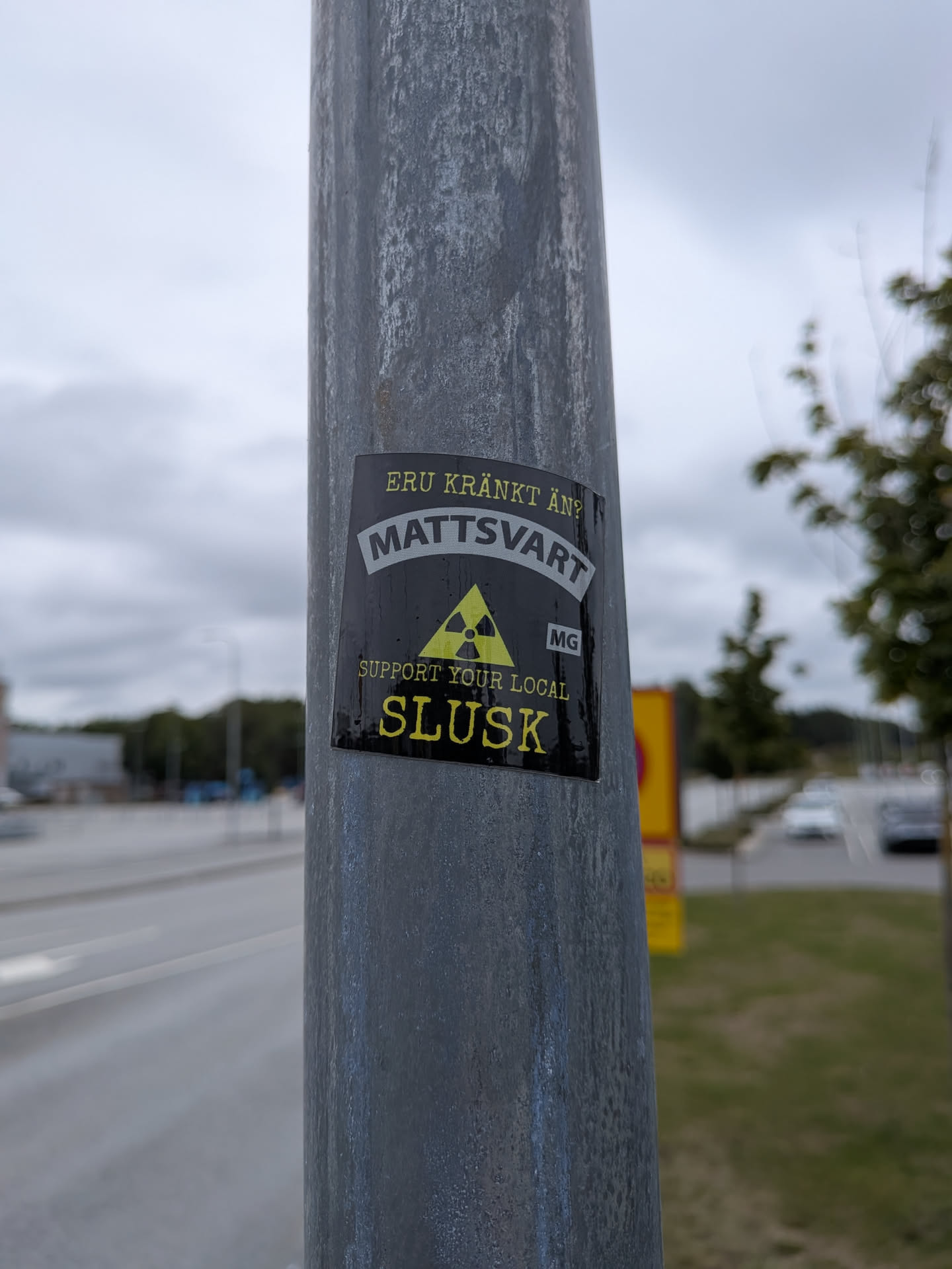 Black rectangular sticker on a metal pole. Features yellow and white text in Swedish and English, centered around a yellow radioactive symbol with 'MG' in a small box.