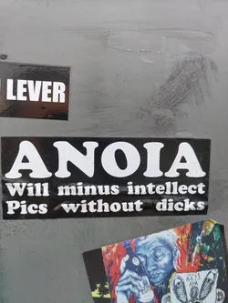 A black and white sticker with the word 'ANOIA' in a large, bold font. Below it, the text 'Will minus intellect Pics without dicks' is written in a smaller font. The sticker has a grunge aesthetic.