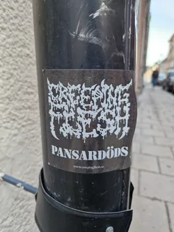 Street sticker A black and white sticker with a band logo. The logo is in a dripping style and says "CREEPING FLESH" in a stylized font. Below the logo is the band's name, "PANSARDÖDS", and their website address, www.creepingflesh.se. The sticker is placed on a black pole.