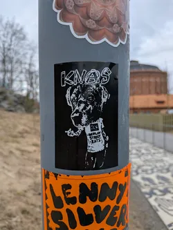 Street sticker A rectangular, black and white sticker featuring a stylized, somewhat scruffy dog, possibly a bulldog, standing upright. The dog is depicted in white outline and texture against a solid black background. It appears to be holding a small object, possibly a cigarette or joint, in its left paw. The dog wears a white t-shirt with the text 'BERLIN STREET RATS' printed on it. Above the dog's head, the word 'KNAS' is written in a distressed, blocky white font. The overall style is gritty and reminiscent of punk or street art.