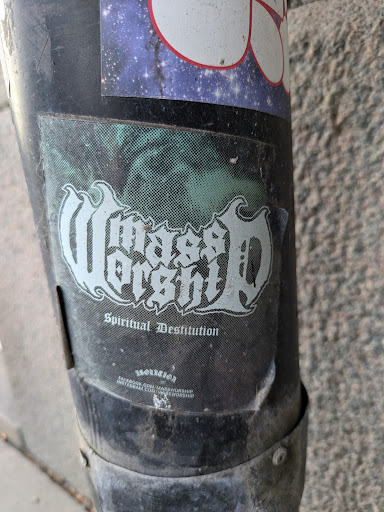 Street sticker Stockholm Spiritual Destitution ISOLACION FACEBOOK COM/MASSWORSHIP INSTAGRAM COM MASSWORSHIP