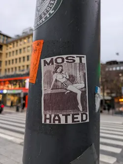 Street sticker A sticker featuring a vintage image of a woman, with the words "MOST HATED" above and below the image.  The sticker is affixed to a pole in an urban setting.