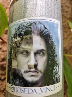 Street sticker This sticker presents a striking juxtaposition of Kit Harington's face and a classical bust, creating a unique and thought-provoking image. The artist's Instagram handle is subtly included at the bottom, showcasing a distinctive style that blends historical and contemporary elements. 