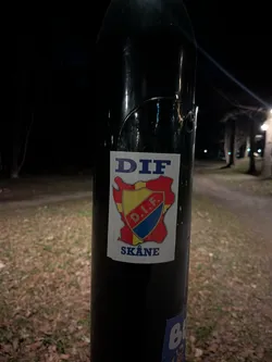 Street sticker The sticker is rectangular with slightly rounded corners, featuring a white background. At the top, in bold dark blue capital letters, is the text "DIF". Below this, a central emblem is displayed, shaped like a stylized map or regional outline, predominantly red. Within this red outline, there is a shield-like crest. The crest is divided into three sections: the top-left is yellow with a red 'D', the top-right is red with a yellow 'I', and the bottom section is blue with a yellow 'F'. The letters 'D.I.F.' are clearly visible within the shield. Below the main emblem, in bold dark blue capital letters, is the word "SKÅNE". The overall color scheme includes red, yellow, blue, and white, with dark blue text.