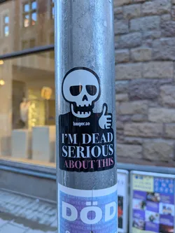 Street sticker The sticker is predominantly black and white, featuring a stylized skull with hollow eyes and a grinning mouth. To the right of the skull, a white hand gives a thumbs-up gesture. Below the skull is a black rectangular area with white text that reads 'I'M DEAD SERIOUS ABOUT THIS'. Above this text, in a smaller font, is 'bauger.se'. The overall design is bold and graphic.