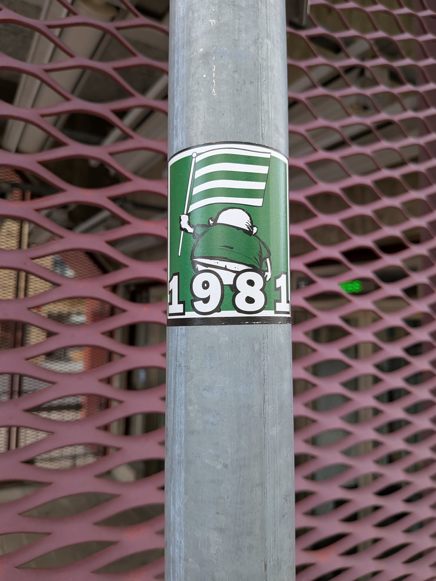A rectangular green sticker depicting a cartoon fan from behind holding a striped flag, with the year '1981' in bold white text at the bottom.