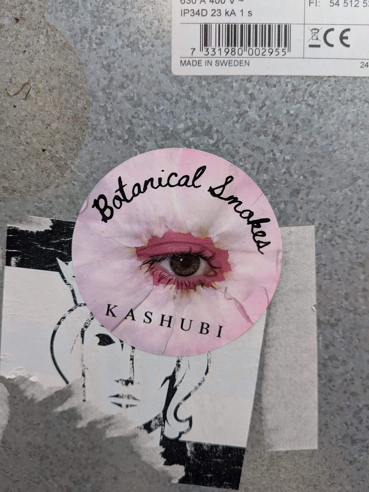 A round sticker depicting a realistic human eye centered within a pink flower. Features black cursive text 'Botanical Smokes' at the top and 'KASHUBI' in serif font at the bottom.