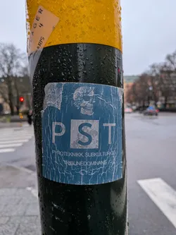 Street sticker The sticker is predominantly blue with distressed white elements. At the top, a stylized skull with intricate floral or leafy patterns is visible. Below the skull, the letters 'PST' are prominently displayed within white squares. Beneath this, smaller text reads 'PYROTEKNIKK, SUBKULTUR OG TRIBUNEDOMINANS'. The sticker shows signs of wear, with peeling edges and a cracked surface texture.