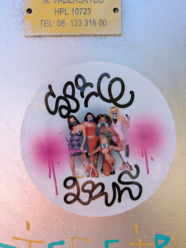 Street sticker This round sticker is pasted on a metal surface. It features a collage of women wearing masks and safety goggles. Some are holding tools and standing in suggestive poses. Above and below the image, there is graffiti-style text spray-painted in black. There is pink paint splashed on the left side of the sticker.
