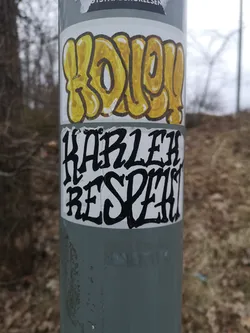 Street sticker A rectangular sticker with a white background, affixed to a grey pole. The top section features the word "HONEY!" rendered in large, yellow, bubble-style graffiti letters with a dark brown outline and white highlights, giving it a glossy, three-dimensional appearance. Below this, the words "HARLEM RESPECT" are displayed in two lines, with "HARLEM" above "RESPECT". This text is in a bold, black, stylized script or gothic-inspired hand-lettering, characterized by sharp serifs and an edgy, somewhat distressed look. The sticker shows minor wear and tear, with slight peeling at the edges and some cracking in the yellow fill of the 'HONEY!' text.