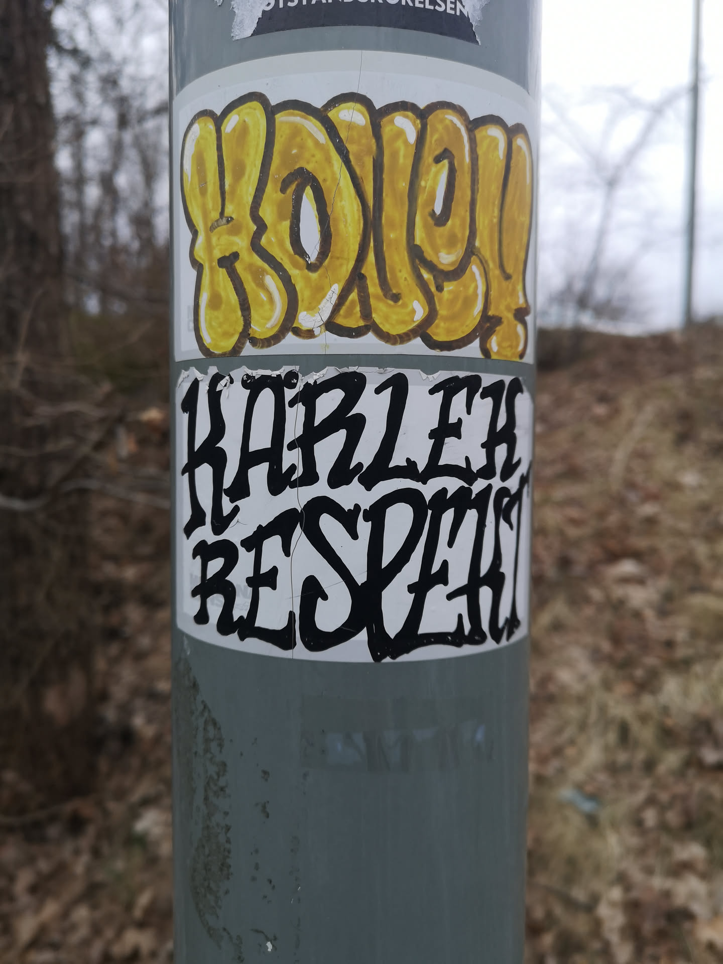 A rectangular sticker with a white background, affixed to a grey pole. The top section features the word "HONEY!" rendered in large, yellow, bubble-style graffiti letters with a dark brown outline and white highlights, giving it a glossy, three-dimensional appearance. Below this, the words "HARLEM RESPECT" are displayed in two lines, with "HARLEM" above "RESPECT". This text is in a bold, black, stylized script or gothic-inspired hand-lettering, characterized by sharp serifs and an edgy, somewhat distressed look. The sticker shows minor wear and tear, with slight peeling at the edges and some cracking in the yellow fill of the 'HONEY!' text.