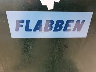 Street sticker A light-blue sticker with the word \"FLABBEN\" written in dark-blue bold letters. The sticker seems to be stuck on a green surface.