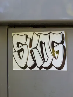 Street sticker Rectangular white sticker featuring the word 'SKOG' in stylized graffiti bubble letters with thick black outlines and heavy drop shadows.