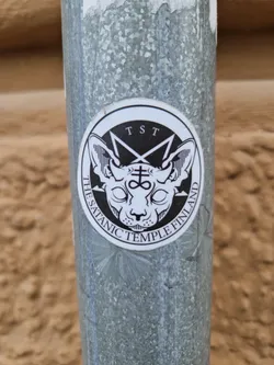 Street sticker A round sticker with a black and white illustration of a sphinx-like cat's head with bat-like ears. The head is encircled by a pentagram and the text "TST" appears at the top. At the bottom it says "The Satanic Temple Finland".