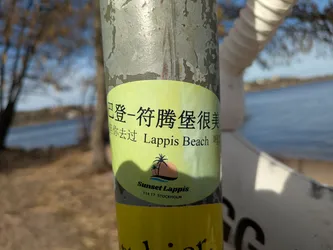 Street sticker A close-up of a sticker on a metal pole. The sticker is oval-shaped with a light green background. It features Chinese text at the top and the English text 'Lappis Beach'. Below that is a logo with a palm tree at sunset and the words 'Sunset Lappis' and the address '114 17 STOCKHOLM'.