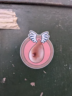 Street sticker The sticker features a stylized representation of a breast with a nipple, enclosed within concentric circles. The breast is rendered in a realistic, slightly glossy texture and a peachy-brown hue. Above the breast, a pair of stylized wings, depicted in white with light blue outlines, are spread outwards, suggesting flight or freedom. The background within the circles is a soft pink, bordered by a darker pink and then a brown ring. The entire design is outlined in white with a thin black border.