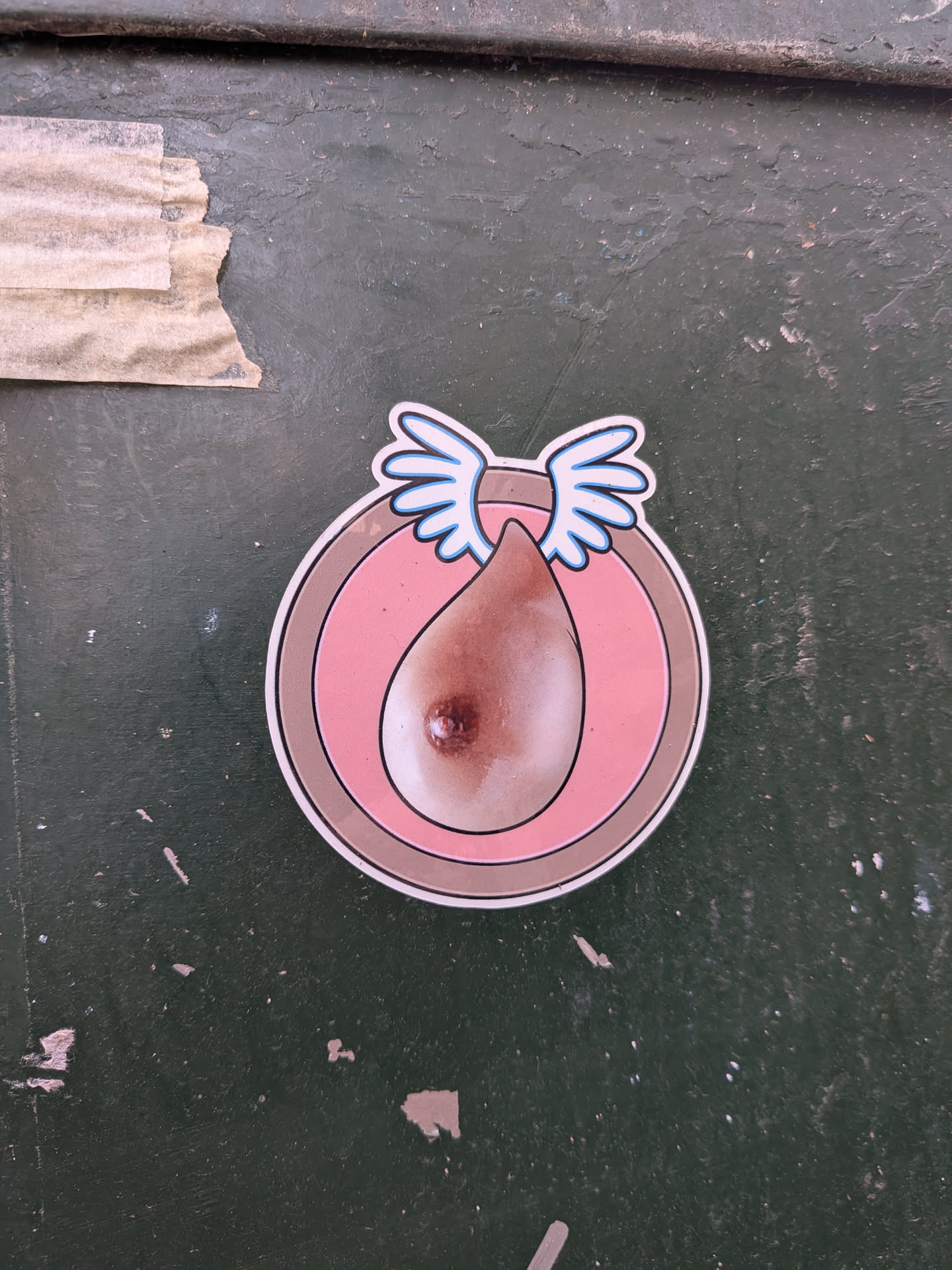Street sticker The sticker features a stylized representation of a breast with a nipple, enclosed within concentric circles. The breast is rendered in a realistic, slightly glossy texture and a peachy-brown hue. Above the breast, a pair of stylized wings, depicted in white with light blue outlines, are spread outwards, suggesting flight or freedom. The background within the circles is a soft pink, bordered by a darker pink and then a brown ring. The entire design is outlined in white with a thin black border.