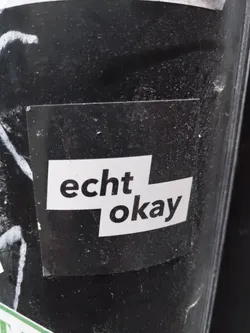 Street sticker A black and white sticker with the text "echt okay" on it. The text is split into two lines, with "echt" on the top line and "okay" on the bottom line. The sticker is attached to a dark-colored surface.