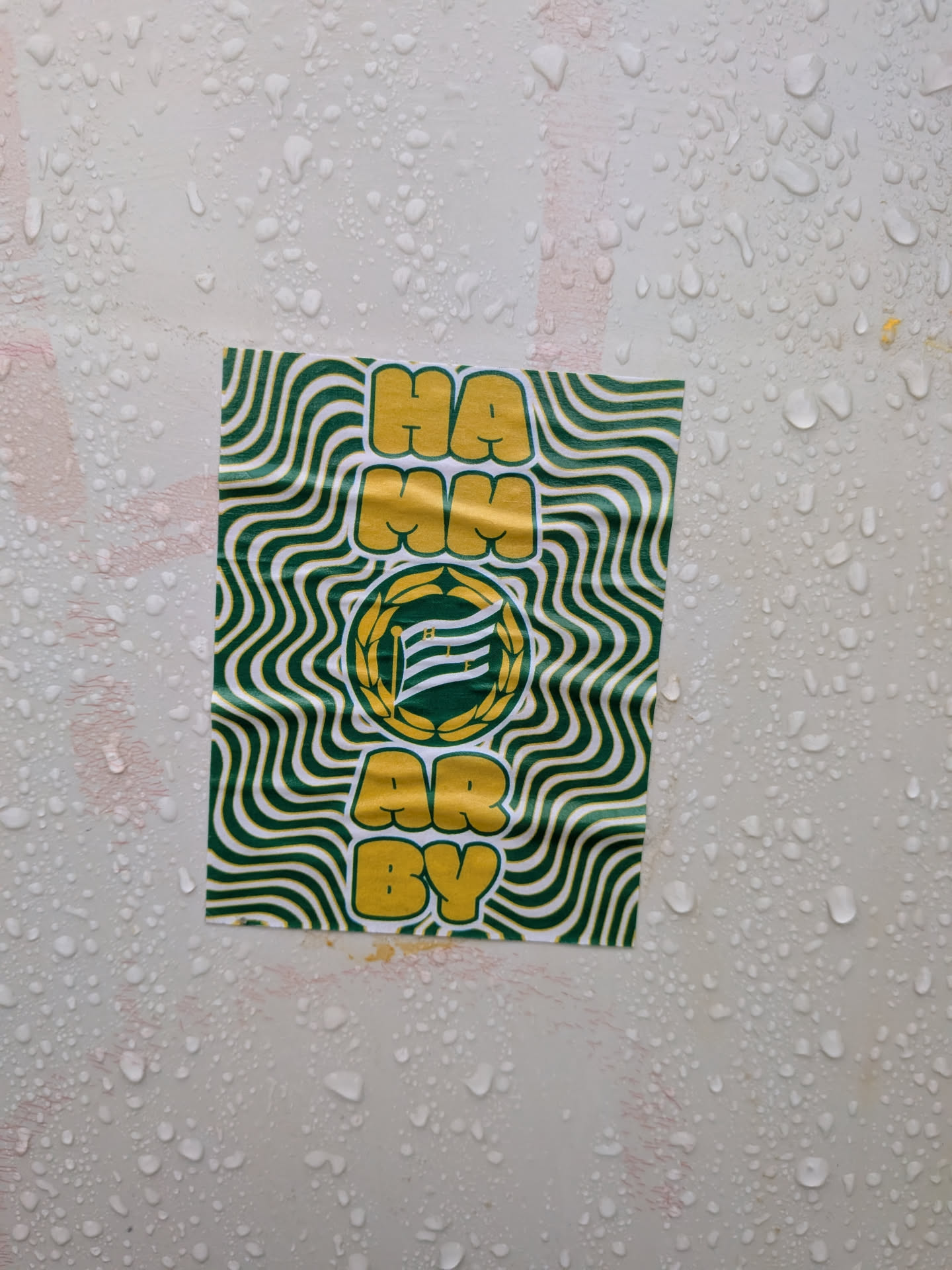 The sticker is predominantly green and yellow. It features the word 'ARMY' in large, bold, yellow, bubble-style letters, stacked vertically. The top 'HA' is partially visible, followed by 'MM' in the center, and 'AR BY' at the bottom. Between the 'MM' and 'AR BY' sections is a circular emblem. This emblem contains a stylized flag with horizontal stripes, a pole, and a laurel wreath or similar circular border. The background of the sticker consists of wavy lines alternating between green and white, creating a sense of movement. The sticker appears to be slightly creased and is placed on a surface with water droplets.
