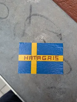 Street sticker The sticker is rectangular and designed to resemble the Swedish flag. It features a blue background with a yellow Nordic cross. Across the yellow cross, bold, red-outlined letters spell out 'HATAGRIS'. The sticker has a slightly textured appearance, suggesting it might be made of paper or vinyl.