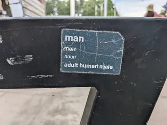 Street sticker A weathered, dark grey rectangular sticker styled as a dictionary entry. It features white text defining 'man' as 'adult human male' with phonetic spelling. The sticker is cracked and affixed to a black metal surface.