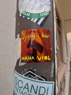 Street sticker A rectangular sticker with rounded corners depicting a close-up, warm-toned photograph of a wide-open mouth, as if singing or shouting. The image has a strong orange and red cast. At the top, the Swedish phrase 'Sjung i kör' (Sing in a choir) is written in a stylized yellow font with a black outline. At the bottom, the words 'MAMA VIOL' are written in the same yellow font.