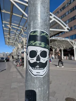 Street sticker The sticker features a stylized, black and white skull with prominent eye sockets and a distinct handlebar mustache. It is wearing a hat with a camouflage pattern in shades of green and black. The sticker has a white border and appears to be cleanly cut.