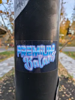 A sticker featuring the text "PREMIUM Balance" in a stylized blue and purple font. The sticker is affixed to a dark-colored pole outdoors.