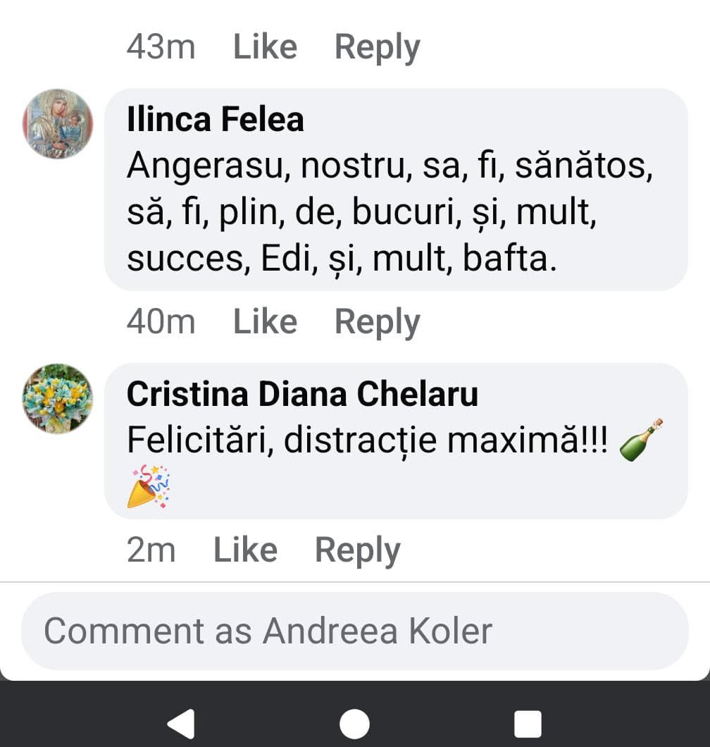 This appears to be a Facebook post. The comment reads 'Felicitări, distracție maximă!!!' followed by emojis of a party popper and a champagne bottle.