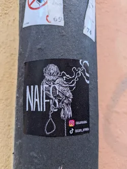The sticker shows a bird with a noose around its neck. The name "NAIFS" is printed in bold, white letters on the left side. Below the illustration, there are social media handles for Instagram and TikTok.