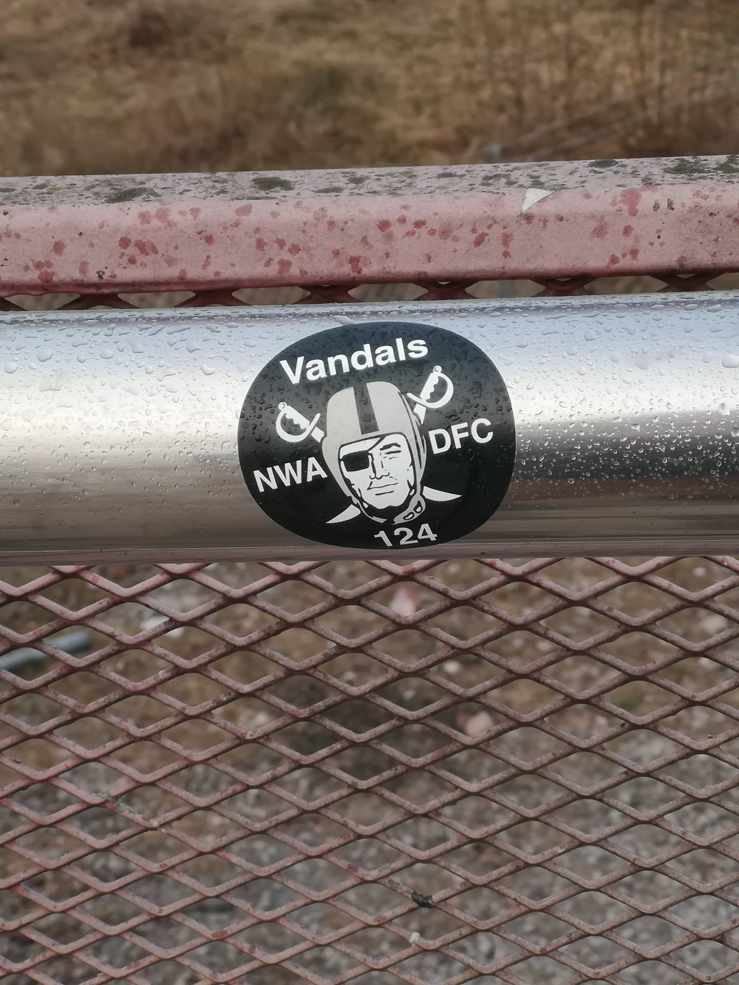 A circular black sticker with white graphic elements. The central design features a stylized head wearing a helmet and an eye patch over the right eye, strongly reminiscent of the Las Vegas Raiders logo. Two sabre-like swords are crossed behind the head. Arched over the top of the design is the word 'Vandals'. To the left, below a sword hilt, are the letters 'NWA', and to the right, 'DFC'. At the bottom center, below the head, is the number '124'. The sticker has a stark, high-contrast appearance.