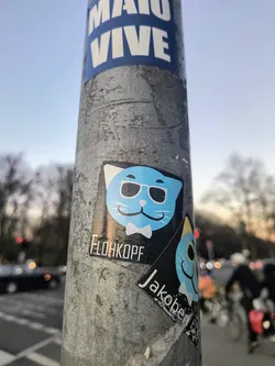 The image features a light-blue sticker on a pole, depicting a cartoon cat with sunglasses and a bow tie. The text "FLOHKOPF" is printed beneath the cat. There is another similar sticker below with the text "Jakober".