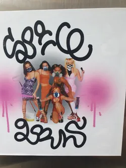 A sticker featuring the Spice Girls in graffiti style, wearing gas masks and holding spray cans. The text at the top and bottom appears to be in a stylized script.